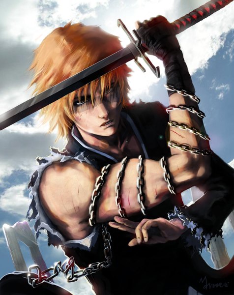 Anime picture 1024x1290 with bleach studio pierrot kurosaki ichigo mansarali (artist) tall image short hair orange hair realistic torn clothes injury cuts boy gloves weapon sword katana chain