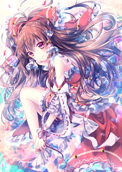 Anime picture 600x847 with touhou hakurei reimu riichu single long hair tall image blush smile brown hair ponytail traditional clothes pink eyes arm support girl bow hair bow frills bell jingle bell large bow