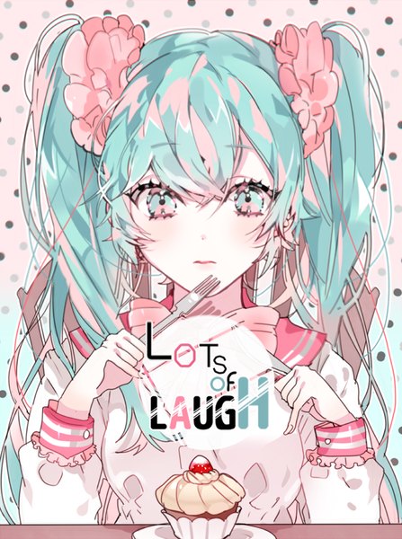 Anime picture 600x805 with vocaloid lol -lots of laugh- (vocaloid) hatsune miku piyo (ppotatto) single long hair tall image blush hair between eyes sitting twintails pink hair pink eyes multicolored hair aqua eyes aqua hair two-tone hair copyright name polka dot multicolored eyes