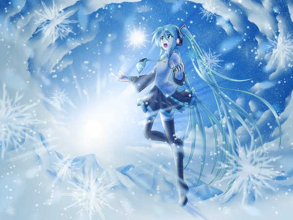 Anime picture 1600x1200 with vocaloid hatsune miku fringe open mouth white background twintails cloud (clouds) pleated skirt aqua eyes aqua hair tattoo snowing winter snow mountain singing girl skirt detached sleeves necktie