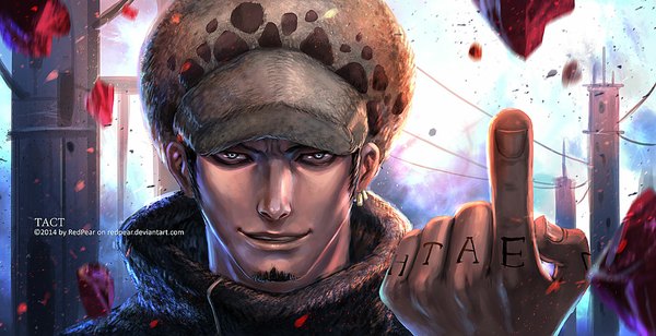 Anime picture 1100x566 with one piece toei animation trafalgar law redpear single short hair black hair wide image signed grey eyes tattoo boy hat earrings beard debris tower