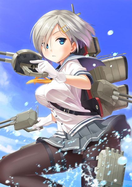 Anime picture 1670x2362 with kantai collection hamakaze destroyer sawada yuusuke single tall image looking at viewer short hair blue eyes light erotic sky silver hair cloud (clouds) girl skirt gloves weapon pantyhose black pantyhose gun sailor suit