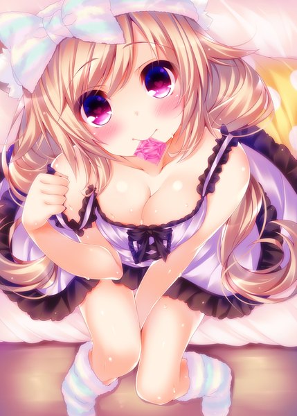 Anime picture 786x1100 with original ojitcha single long hair tall image looking at viewer blush breasts light erotic blonde hair cleavage condom in mouth girl dress bow condom