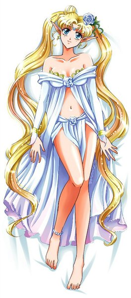 Anime picture 452x1024 with bishoujo senshi sailor moon toei animation tsukino usagi cloveras single tall image looking at viewer blue eyes blonde hair twintails bare shoulders lying very long hair barefoot hair flower from above pointy ears on back dakimakura (medium) girl