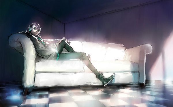 Anime picture 1500x933 with fisheye placebo frey (fisheye placebo) yuumei single short hair wide image sitting green eyes purple hair inscription checkered floor checkered boy headphones pants couch sneakers room