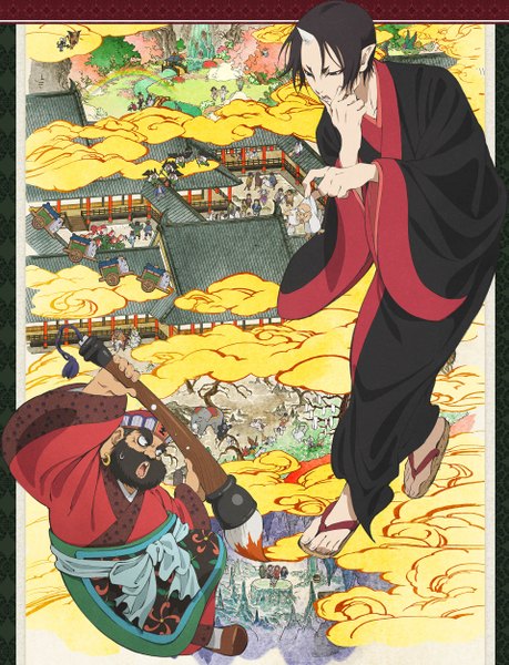 Anime picture 1915x2500 with hoozuki no reitetsu wit studio hoozuki (hoozuki no reitetsu) enma (hoozuki no reitetsu) tagme (artist) tall image highres short hair open mouth black hair cloud (clouds) traditional clothes japanese clothes horn (horns) pointy ears official art demon waterfall dark hair boy