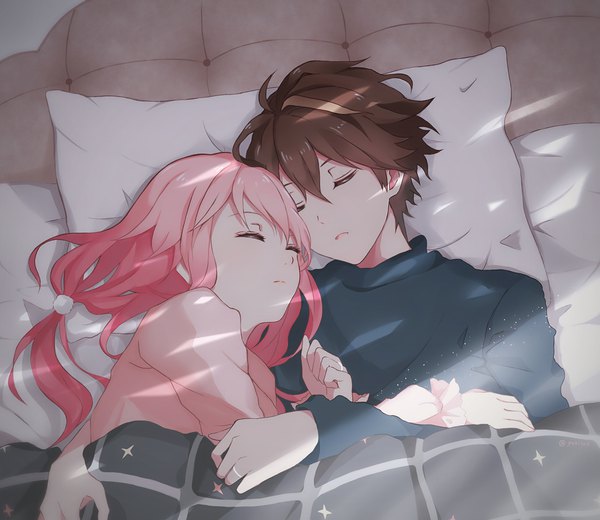 Anime picture 2160x1874 with guilty crown production i.g yuzuriha inori ouma shu yukilus long hair highres short hair brown hair pink hair upper body eyes closed parted lips shadow low ponytail sleeping girl boy pillow blanket