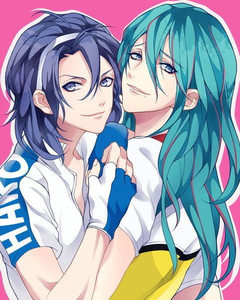 Anime picture 640x800 with yowamushi pedal toudou jinpachi makishima yuusuke myua long hair tall image looking at viewer short hair simple background smile purple eyes purple hair ahoge multicolored hair aqua hair mole two-tone hair multiple boys streaked hair mole under eye