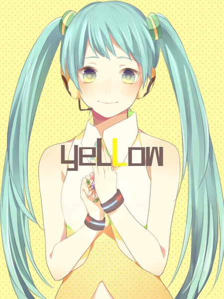 Anime picture 600x800 with vocaloid yellow (vocaloid) hatsune miku moocho single long hair tall image looking at viewer blush smile twintails bare shoulders yellow eyes aqua eyes aqua hair copyright name polka dot yellow background multicolored eyes polka dot background