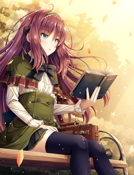 Anime picture 1200x1572 with original akashio (loli ace) single long hair tall image blush fringe open mouth blue eyes hair between eyes sitting holding purple hair ahoge outdoors wind sunlight autumn double buttons girl