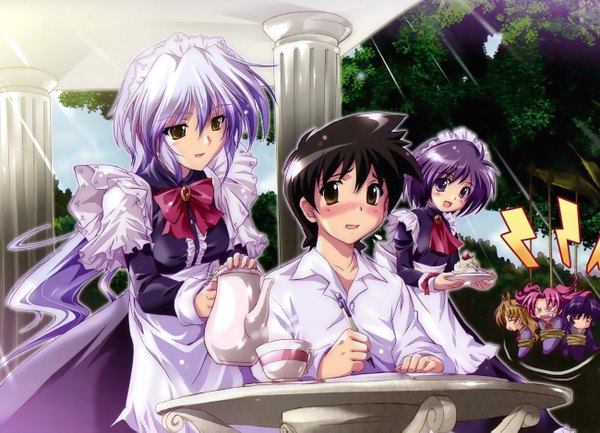 Anime picture 1300x939 with maburaho j.c. staff miyama yuuna kamishiro rin shikimori kazuki liera scharnhorst komatsu eiji long hair blush short hair open mouth black hair multiple girls brown eyes blue hair purple hair scan maid girl dress