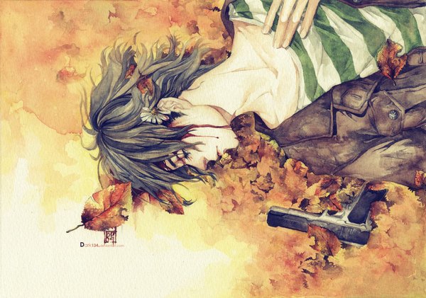 Anime picture 1111x780 with original dark134 short hair black hair lying hair flower autumn boy hair ornament jacket gun leaf (leaves) blood t-shirt pistol daisy