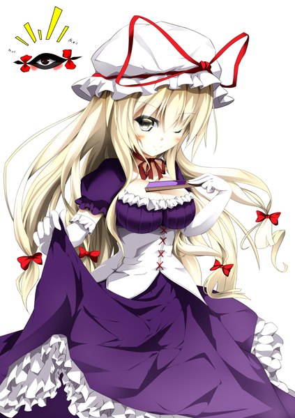 Anime picture 874x1240 with touhou yakumo yukari stachz single long hair tall image looking at viewer blush white background white hair one eye closed wink grey eyes eyes girl dress gloves bow hair bow elbow gloves
