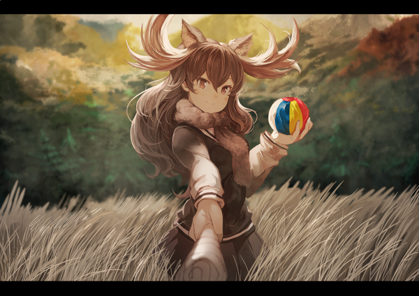 Anime picture 1228x868 with kemono friends moose (kemono friends) koruse single long hair looking at viewer fringe smile hair between eyes brown hair brown eyes animal ears outdoors pleated skirt horn (horns) wind fur trim outstretched arm letterboxed wavy hair