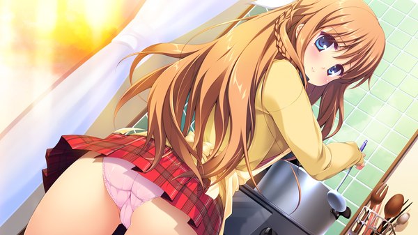 Anime picture 1280x720 with melty moment orie yuuka long hair blush blue eyes light erotic brown hair wide image game cg looking back cooking girl skirt uniform underwear panties school uniform apron