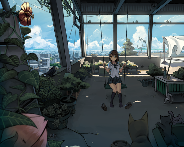 Anime picture 1500x1200 with original rai32019 single fringe short hair brown hair sitting holding brown eyes sky cloud (clouds) light smile no shoes city girl skirt uniform flower (flowers) plant (plants) school uniform