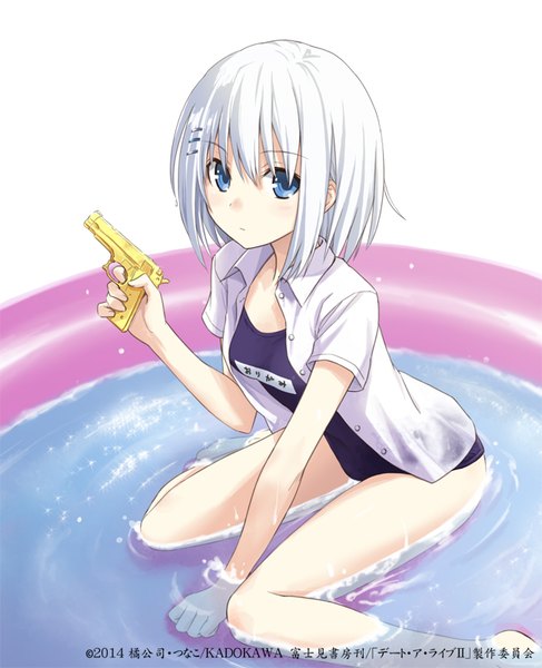 Anime picture 650x800 with date a live tobiichi origami konoe (vis9191) single tall image fringe short hair blue eyes light erotic simple background hair between eyes white background sitting payot looking away ahoge bent knee (knees) white hair from above hair over one eye