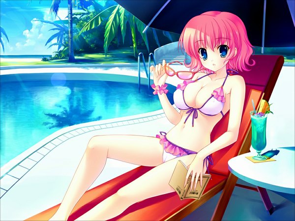 Anime picture 1024x768 with yuyukana himezono risa mitha single short hair breasts open mouth blue eyes light erotic large breasts pink hair game cg sunglasses removed girl swimsuit plant (plants) bikini tree (trees) glasses sunglasses