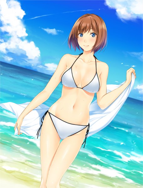 Anime picture 920x1213 with original n69 single tall image blush short hair breasts blue eyes smile brown hair sky cloud (clouds) girl navel swimsuit bikini sea