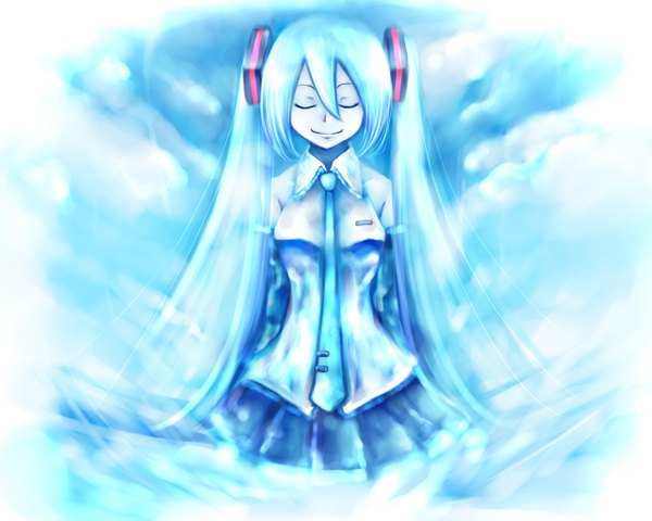 Anime picture 1280x1024 with vocaloid hatsune miku tsukei single fringe smile hair between eyes standing twintails bare shoulders sky very long hair pleated skirt aqua hair girl skirt miniskirt necktie