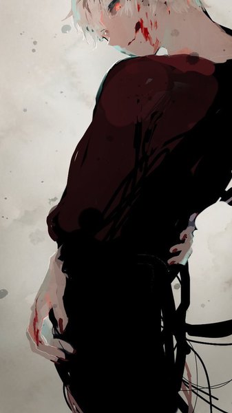 Anime picture 576x1024 with tokyo ghoul studio pierrot kaneki ken tentsuu (tentwo) single tall image looking at viewer fringe red eyes standing white hair looking back fingernails hand on hip black sclera boy blood