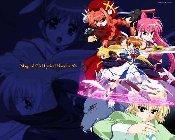 Anime picture 1280x1024 with mahou shoujo lyrical nanoha fate testarossa takamachi nanoha signum vita shamal bardiche zafira raising heart graf eisen levantine long hair looking at viewer short hair open mouth blue eyes blonde hair brown hair purple eyes twintails