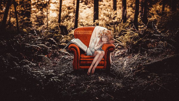 Anime picture 1920x1080 with original sibyl our happiness single highres short hair brown hair wide image sitting signed full body bent knee (knees) eyes closed bare legs watermark sleeping photo background girl dress plant (plants)