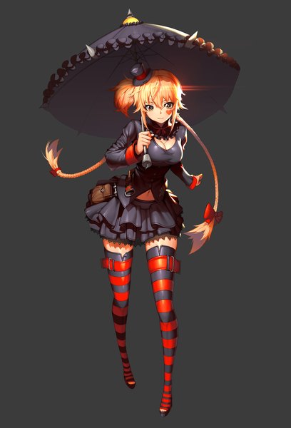 Anime picture 1563x2300 with original [saw] single long hair tall image looking at viewer simple background blonde hair brown eyes braid (braids) dark background girl thighhighs dress bow hair bow hat umbrella striped thighhighs mini hat