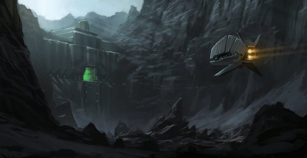 Anime picture 1280x661 with original aspeckofdust (artist) wide image light mountain flying landscape rock building (buildings) aircraft airship