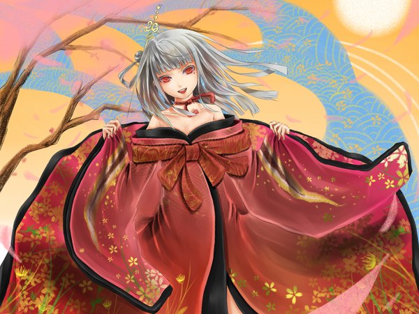 Anime picture 1600x1200 with original reio reio open mouth red eyes bare shoulders japanese clothes grey hair mole mole under eye girl hair ornament kimono