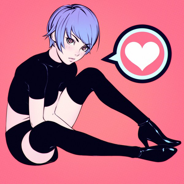 Anime picture 1080x1080 with original ilya kuvshinov single looking at viewer short hair simple background sitting blue hair full body pink eyes short sleeves midriff high heels pink background between legs girl thighhighs black thighhighs shorts heart