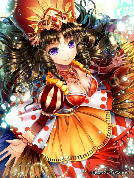Anime picture 700x933 with sousei ragnavein (game) ells (ellsat) single long hair tall image black hair smile purple eyes from above drill hair spread arms polka dot girl dress jewelry crown