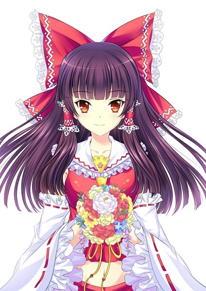 Anime picture 800x1131 with touhou hakurei reimu riyun single long hair tall image looking at viewer simple background red eyes white background purple hair girl flower (flowers) bow hair bow detached sleeves frills bouquet