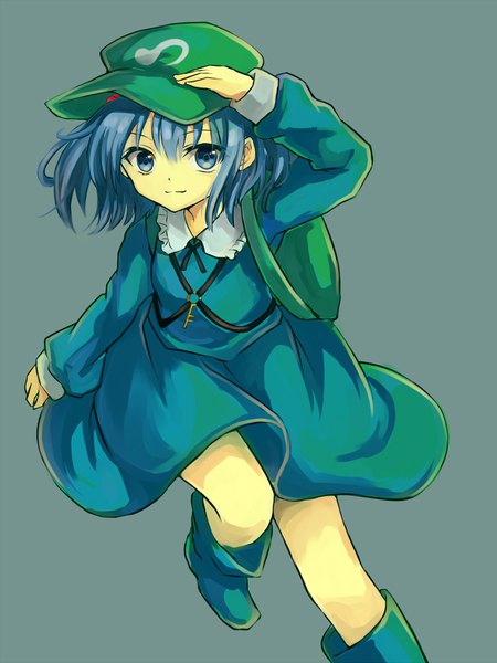 Anime picture 787x1050 with touhou kawashiro nitori tm-pika single tall image looking at viewer fringe short hair blue eyes simple background hair between eyes blue hair bent knee (knees) light smile grey background two side up adjusting hat girl dress skirt