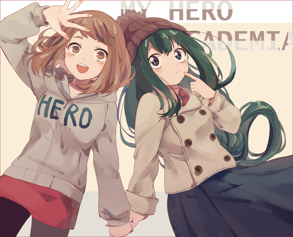 Anime picture 1000x811 with boku no hero academia studio bones uraraka ochako asui tsuyu xi yuu long hair short hair open mouth brown hair multiple girls brown eyes green eyes green hair copyright name finger to mouth casual girl skirt 2 girls pantyhose