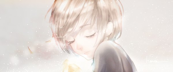 Anime picture 1338x562 with original say hana single fringe short hair blonde hair wide image signed eyes closed lips girl