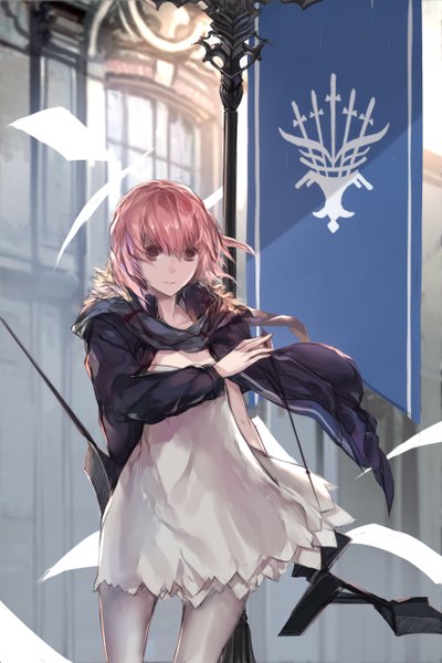 Anime picture 944x1417 with original pixiv fantasia pixiv fantasia fallen kings swd3e2 single tall image looking at viewer short hair brown eyes pink hair open clothes open jacket girl dress weapon jacket bow (weapon) arrow (arrows)