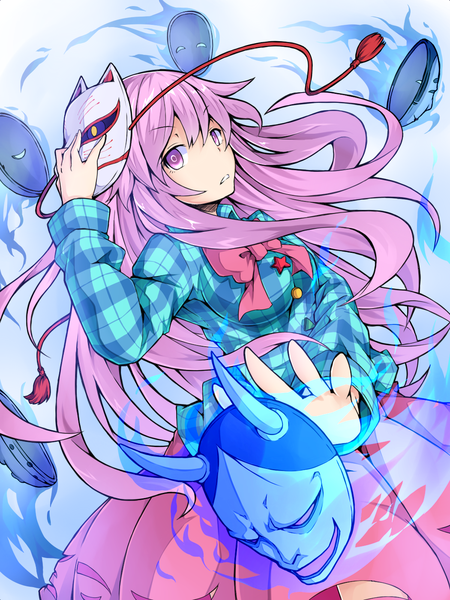 Anime picture 1050x1400 with touhou hata no kokoro ishimu single long hair tall image looking at viewer highres breasts open mouth pink hair long sleeves pink eyes horn (horns) magic glowing mask on head girl skirt shirt