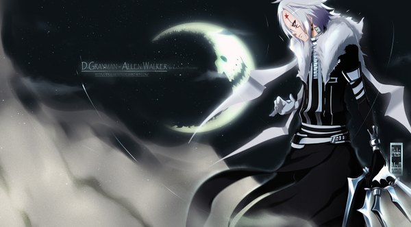 Anime picture 1680x929 with d.gray-man allen walker ifragmentix single short hair wide image silver hair inscription grey eyes night sky coloring smoke crescent boy weapon star (stars) cloak