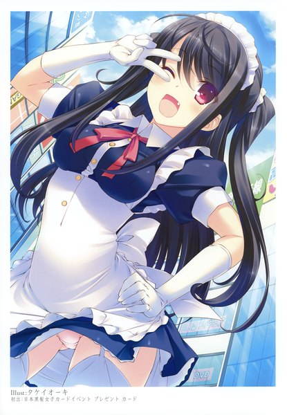 Anime picture 2406x3475 with original takei ooki single long hair tall image highres open mouth light erotic black hair red eyes one eye closed wink scan teeth maid fang (fangs) pantyshot girl thighhighs gloves