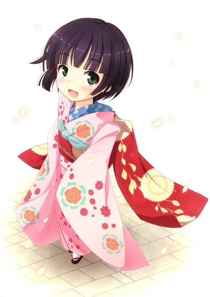 Anime picture 900x1271 with ikoku meiro no croisee satelight yune (ikoku meiro no croisee) kanzaki sora single tall image blush short hair open mouth black hair green eyes traditional clothes japanese clothes loli girl petals kimono obi