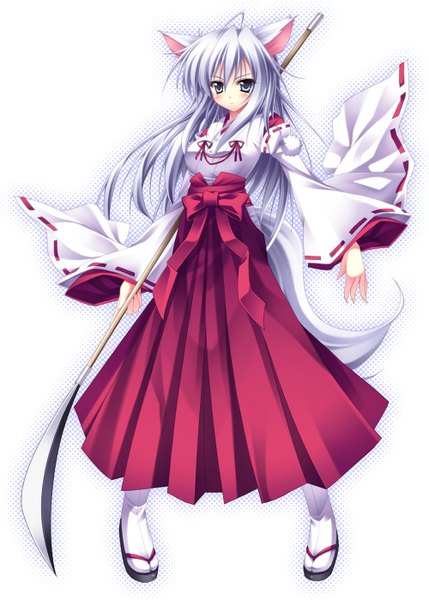 Anime picture 1000x1398 with original xe (execut3r) single long hair tall image looking at viewer blush blue eyes animal ears silver hair animal tail miko girl weapon naginata