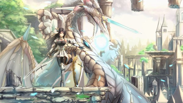 Anime picture 3111x1767 with original kikivi single long hair fringe highres breasts wide image holding yellow eyes looking away braid (braids) outstretched arm side braid fantasy girl gloves hair ornament weapon plant (plants)