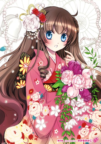 Anime picture 2532x3600 with girls, girls, girls! 11 (artbook) mikaki mikako single long hair tall image looking at viewer blush highres blue eyes brown hair traditional clothes japanese clothes hair flower scan official art girl hair ornament flower (flowers) kimono bouquet