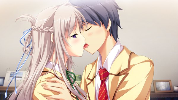 Anime picture 1280x720 with hatsukoi 1/1 makabe midori koizumi amane long hair black hair wide image purple eyes game cg white hair couple kiss french kiss girl boy uniform ribbon (ribbons) hair ribbon school uniform