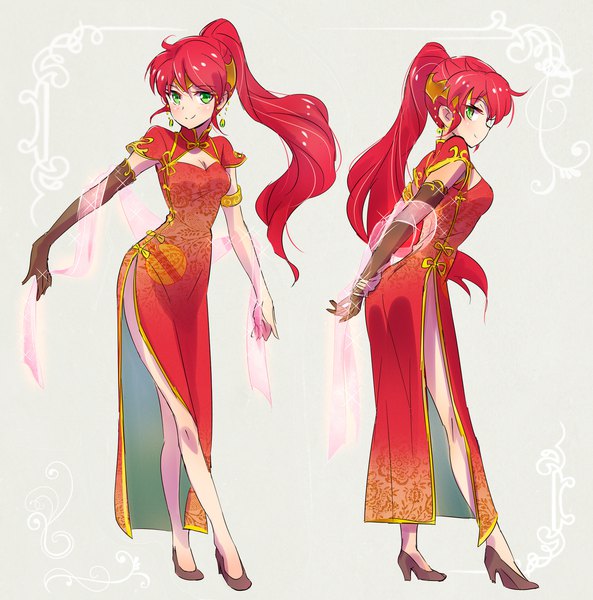Anime picture 2000x2025 with rwby rooster teeth pyrrha nikos iesupa long hair tall image looking at viewer fringe highres breasts light erotic smile standing green eyes cleavage full body ahoge ponytail red hair traditional clothes