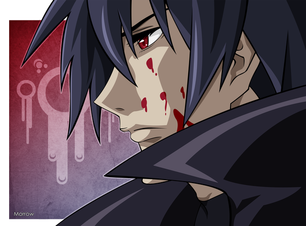 Anime picture 2000x1477 with togainu no chi nitroplus nitro+chiral shiki (tnc) morrow single highres short hair black hair simple background red eyes profile portrait face vector blood on face boy blood