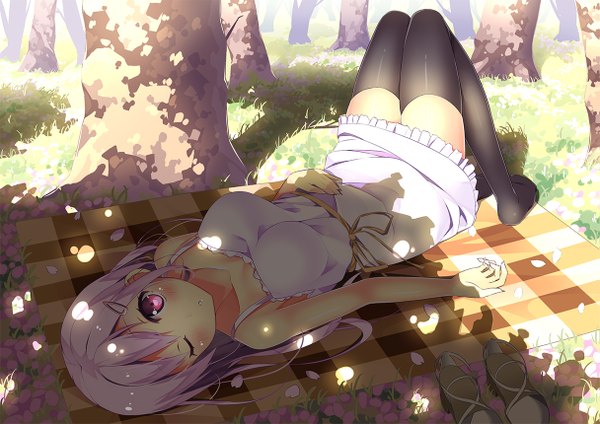 Anime picture 1215x860 with original hatsuki kaname single long hair looking at viewer blush pink hair lying one eye closed pink eyes wink girl thighhighs dress flower (flowers) black thighhighs plant (plants) petals tree (trees) grass