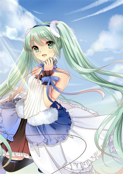Anime picture 789x1116 with 7th dragon vocaloid hatsune miku inori (helamia) single tall image looking at viewer blush open mouth twintails sky cloud (clouds) very long hair aqua eyes aqua hair girl thighhighs dress bow ribbon (ribbons)