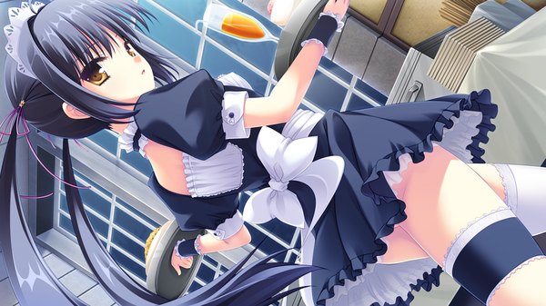 Anime picture 1024x576 with sugirly wish yusa kurumi rakko long hair black hair wide image twintails yellow eyes game cg maid girl thighhighs white thighhighs